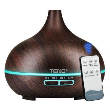 Difuzor Aromaterapie Teno&reg;, 7 culori LED, 2 jocuri de lumini, control prin telecomanda, capacitate 200ml, silentios, umidifica aerul, stejar inchis