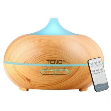 Difuzor Aromaterapie Teno®, 7 culori LED, 2 jocuri de lumini, control prin telecomanda, capacitate 500ml, silentios, umidifica aerul, stejar deschis