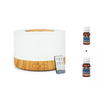 Difuzor Aromaterapie Transparent cu baza de lemn Ultrasunete Lampa de veghe cu Telecomanda 500 ml 16 ore silentios Alb cu 2 uleiuri aromate