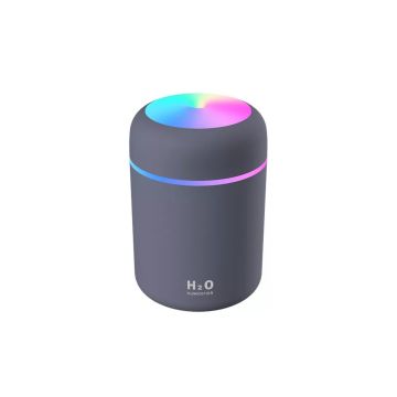 Mini Umidificator de aer cu difuzor aromaterapie si lumini LED camera si masina auto, portabil, USB, rezervor 300ml, 2 moduri de functionare ,culoare gri